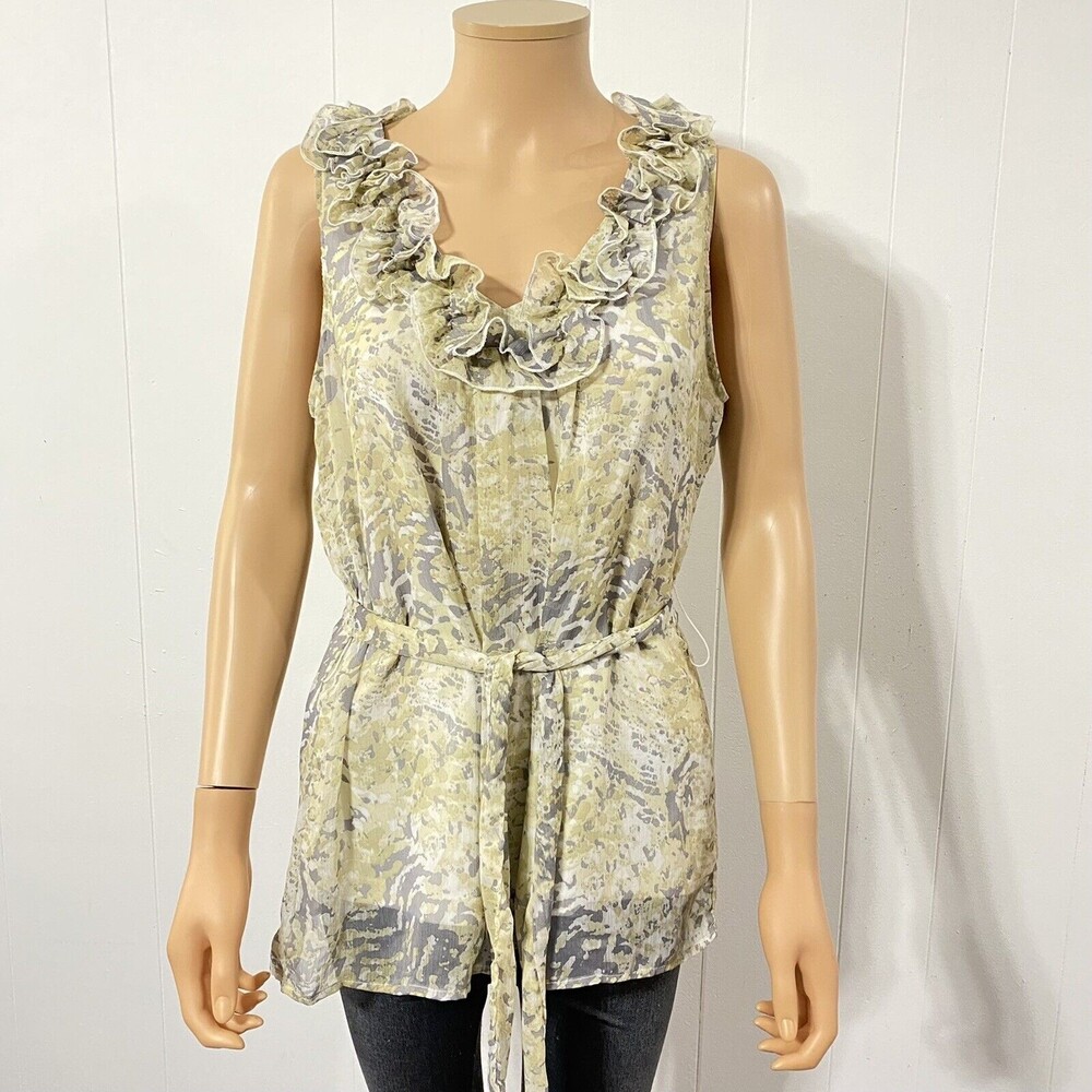 ADIVA Blouse ECRU GRAY Sheer CHIFFON Size L Tie Belt RUFFLED Top